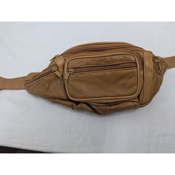 Tan leather patchwork 6 zipper pocket adjustable fanny pack, belt bag G6 - Picture 4 of 9